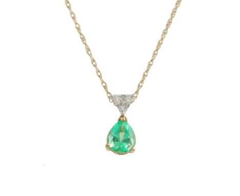 Two gem-set pendants and a pair of ear studs, an 18 carat gold, pear-shaped emerald surmounted by a triangular mixed-cut diam