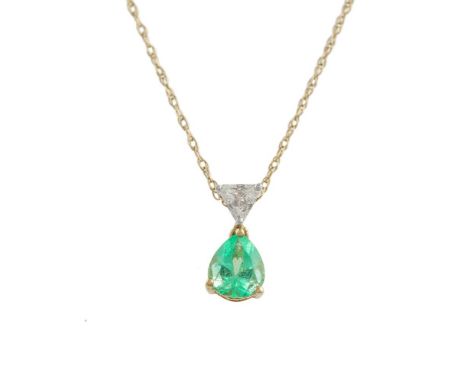 Two gem-set pendants and a pair of ear studs, an 18 carat gold, pear-shaped emerald surmounted by a triangular mixed-cut diam