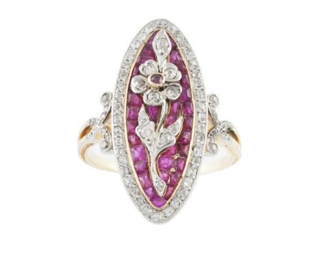 A ruby and diamond ring by Lacloche Frères, 1905, the oval plaque set with calibre rubies, centred by an old single-cut diamo