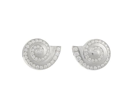 A pair of diamond and 18 carat gold earrings by Chopard, each circular shell design with a graduated swirl of round brilliant