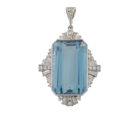A diamond and aquamarine pendant, the rectangular step-cut aquamarine to a round brilliant-cut and tapered baguette-cut diamo