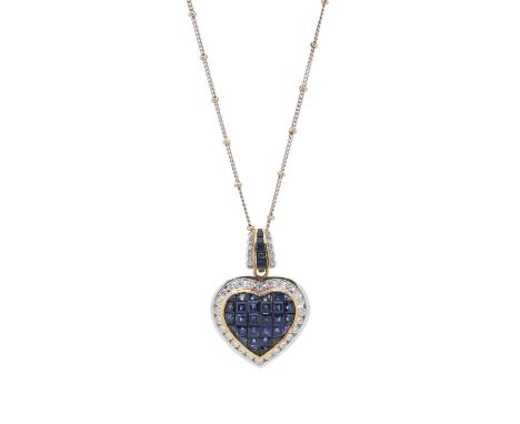 An 18ct bi-colour gold calibre-cut sapphire and brilliant-cut diamond heart-shape pendant, with similarly-set surmount, suspe