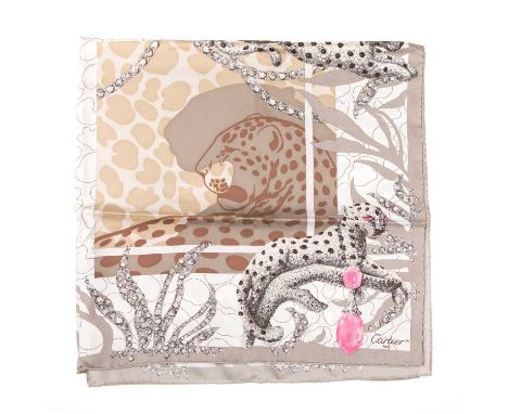 Cartier, a silk scarf, featuring a jewelled panther design in pale grey, beige and pink tones, measuring 87 by 88cm, with mak