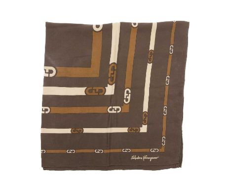 Salvatore Ferragamo, a silk scarf, featuring a tonal brown geometric design, measuring 90 by 90cm- Overall good condition- Fe