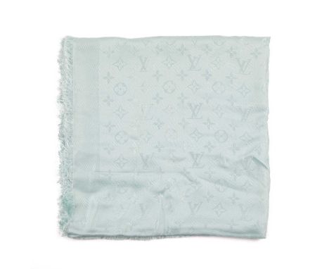 Louis Vuitton, a pale blue monogram silk/wool shawl, designed with a jacquard monogram pattern with fringed edges, measuring 