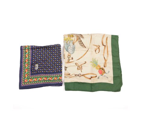 Two designer square scarves, to include a Gucci silk scarf featuring a hawk sat upon a falconer's glove on a cream background
