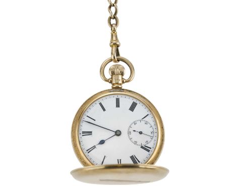 An early 20th century 9ct gold full hunter pocket watch, suspended from a 9ct gold Albert chain, with T-bar and lobster clasp