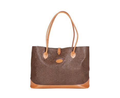 Mulberry, a large Scotchgrain tote, featuring a brown pebbled coated canvas exterior, with smooth tan leather trim, slim roll