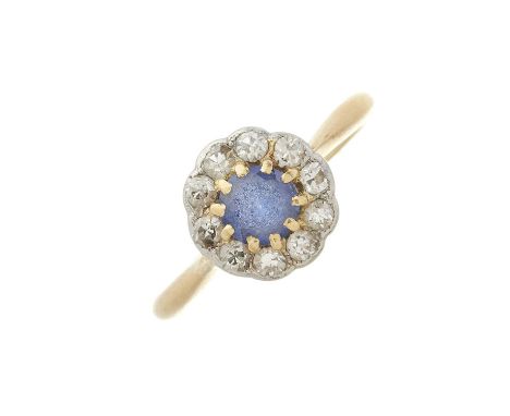 An 18ct gold sapphire and circular-cut diamond cluster ring, estimated total diamond weight 0.20ct, stamped 18ct, ring size J