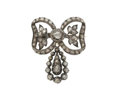 A 19th century silver and gold, rose-cut diamond openwork bow brooch, suspending a similarly-set detachable drop, principal d