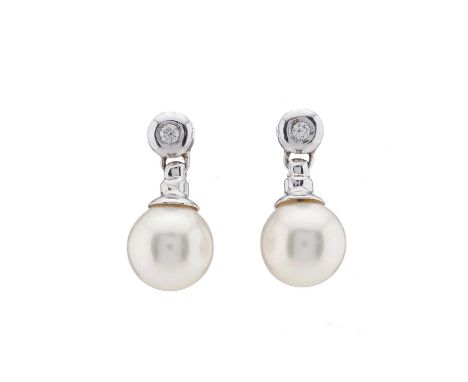 A pair of 18ct gold cultured pearl drop earrings, with brilliant-cut diamond surmount, estimated total diamond weight 0.10ct,