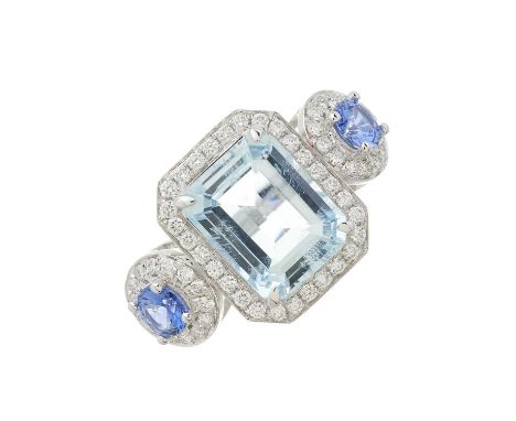 A platinum aquamarine and brilliant-cut diamond cluster ring, with sapphire and brilliant-cut diamond cluster sides, aquamari