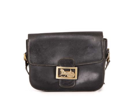 Celine, a vintage leather handbag, crafted from smooth navy blue leather, featuring an adjustable leather shoulder strap, hor