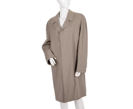 Burberry, a men's pale green overcoat, featuring a notched lapel collar, button fastenings, and two outer pockets, labelled B