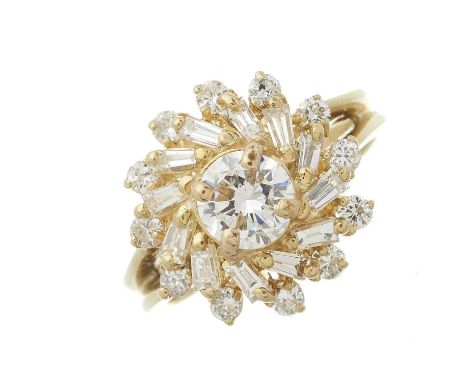 A 14ct gold brilliant-cut diamond dress ring, with vari-cut diamond swirl surround and grooved band, estimated total diamond 