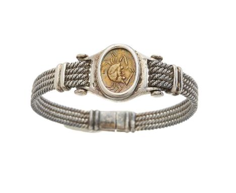 A silver and 18ct gold Zodiac hinged bangle, with woven bracelet and push-piece clasp, stamped 750 and 900, inner diameter 6.