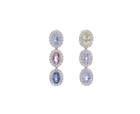A pair of 18ct gold sapphire and diamond cluster drop earrings, total sapphire weight 3.24ct, total diamond weight 0.78ct, ea