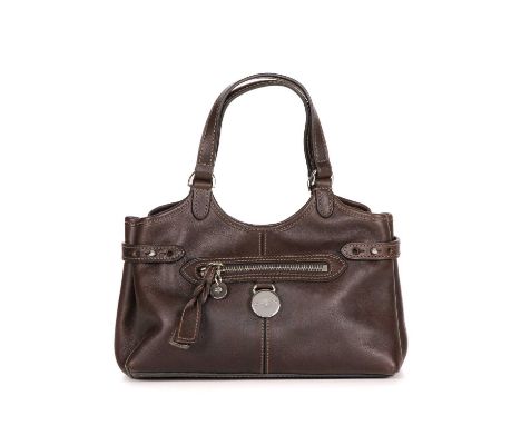 Mulberry, a mini Somerset hobo handbag, featuring a brown leather exterior, polished silver-tone hardware, front zip pocket w
