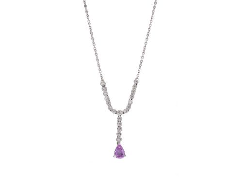 An 18ct gold pear-shape pink sapphire and brilliant-cut diamond drop necklace, with brilliant-cut diamond accent integral cha