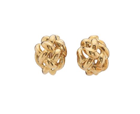 A pair of 18ct gold clip earrings, each designed as an openwork lattice, mount stamped 750, length 2.8cm, 26.3gOverall good c