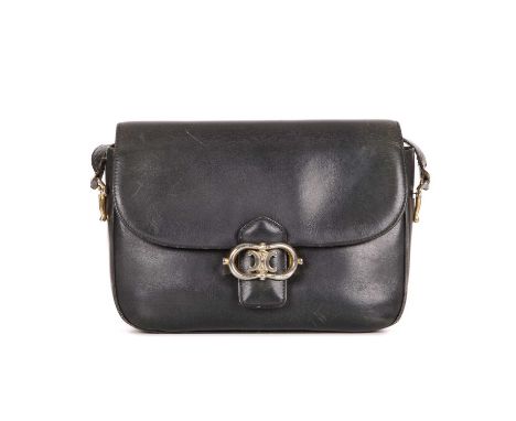Celine, a vintage leather handbag, crafted from smooth navy blue leather, featuring an adjustable leather shoulder strap, top