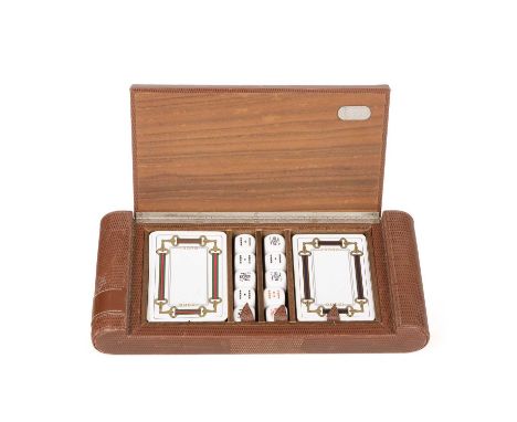 Gucci, a vintage playing card and dice box set, to include two card decks and two dice sets, in a fitted wooden and leather b