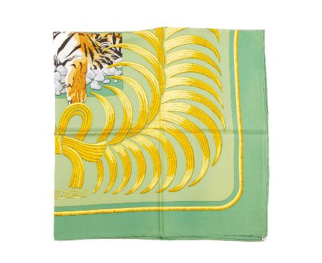 Hermes, a Tigre Royal silk scarf, designed by Christiane Vauzelles and first issued in 1977, featuring a regal tiger at the c