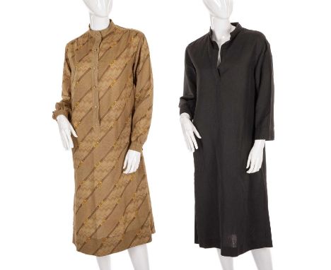 Gucci, four items of ladies vintage clothing, to include two tunic dresses, a black cotton example and a beige GG patterned e