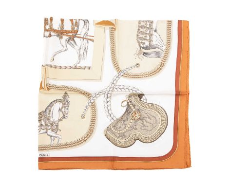 Hermes, a Grand Apparat silk scarf, designed by Jacques Eudel and first issued in 1962, featuring an equestrian design in bei