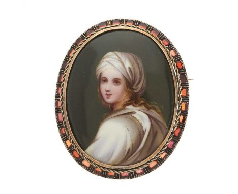 A 19th century gold porcelain portrait brooch, painted to depict a young lady, with rope-twist and garnet surround, length 5.