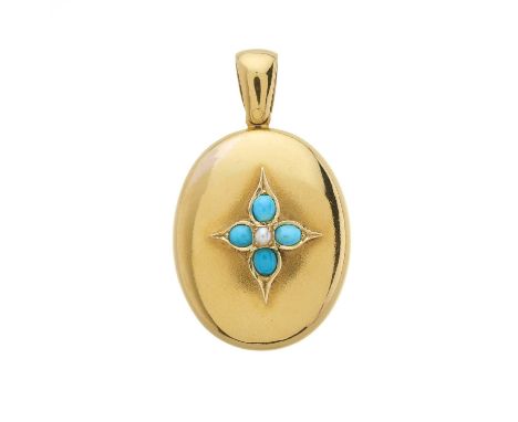 A late Victorian 18ct gold locket pendant, with turquoise cabochon and split pearl floral central overlay, opening to reveal 
