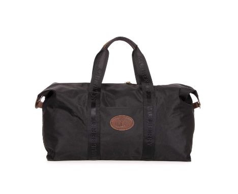 Mulberry, a black nylon fold-out holdall with pouch, featuring the maker's brown leather logo patch to the centre front, with