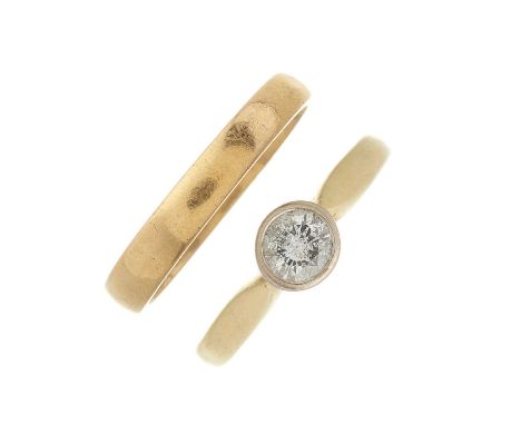 An 18ct gold diamond single-stone ring, together with a 22ct gold band ring, diamond estimated weight 0.30ct, H-J colour, P1 