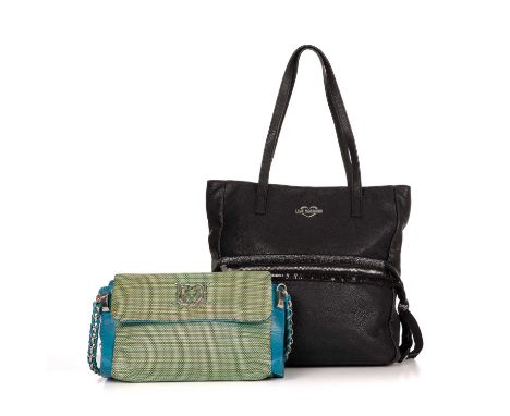 Love Moschino, two handbags, to include a black leather handbag with silver-tone hardware, front zip pocket with sequin and g