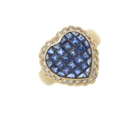 An 18ct gold calibre-cut sapphire and circular-cut diamond heart-shape cluster ring, with tapered band, estimated total diamo