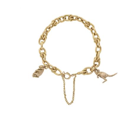 An 18ct gold fancy-link bracelet, with later 9ct gold spring ring clasp, suspending a 9ct gold koala and a 9ct gold kangaroo 