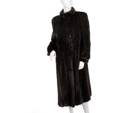 A full-length dark ranch mink coat, fully stranded, featuring a short Mandarin collar, fitted cuffs, hook and eye fastenings,