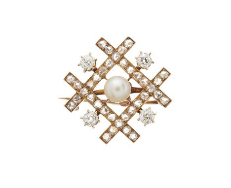 A 19th century gold, old and rose-cut diamond geometric pendant, with central bouton pearl highlight and detachable brooch fi