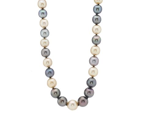 A Tahitian grey and cream cultured pearl bead single-strand necklace, with pave-set diamond clasp, estimated total diamond we