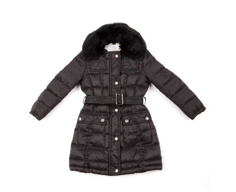 Burberry, a child's goose-down quilted black coat, featuring a detachable black coney fur collar, zip and snap button front f
