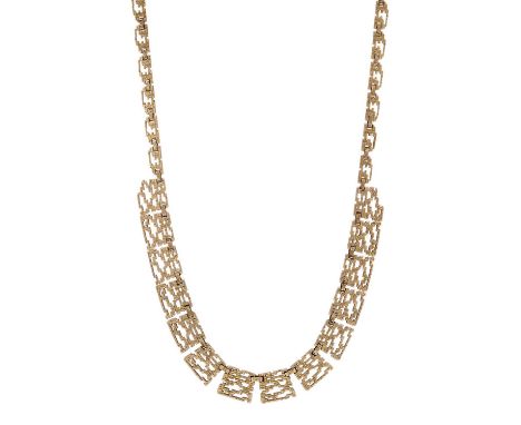 A 9ct gold brutalist necklace, stamped 375, length 43cm, 25.6gOverall good conditionSome light marks and scratches, in keepin