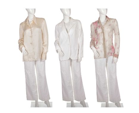 Dolce &amp; Gabbana, a selection of ladies clothing, to include a white pair of trousers with matching jacket, a cream satin 