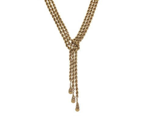 A mid 20th century 18ct gold rope-twist lariat three-row necklace, suspending three tassel drops, length of drop 11cm, wearab