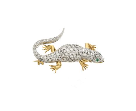 An 18ct bi-colour gold pave-set diamond lizard brooch, with circular-shape emerald eyes, estimated total diamond weight 0.70c