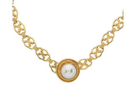 Celine, a vintage Triomphe logo-link belt, the gold-tone logo chain-link belt, with oversized faux pearl terminal with hook f