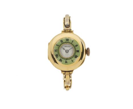 Rolex, an early 20th century 9ct gold green enamel bracelet watch, case numbered 271271, signed manual wind movement, partial