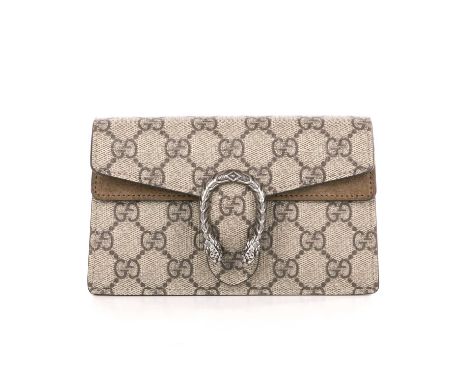 Gucci, a mini supreme Dionysus chain wallet, featuring the maker's GG coated canvas exterior with brown suede trim, silver-to