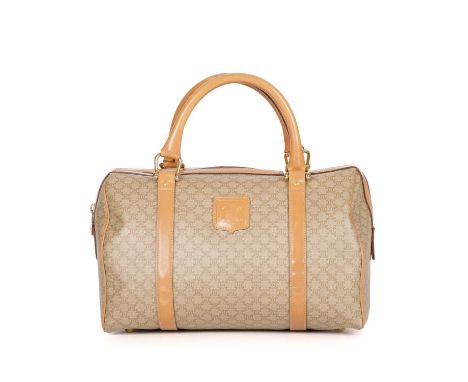 Celine, a vintage macadam Boston bag, designed with the maker's monogram coated canvas exterior and caramel leather trim, wit
