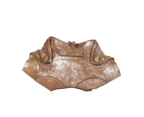 Alexander McQueen, a De Manta clutch, designed with a distressed bronze and silver metallic suede exterior, with gold-tone ha