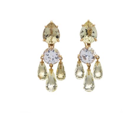 Scully &amp; Scully (retailed by), a pair of 18ct gold circular-shape quartz drop earrings, each suspending a citrine briolet